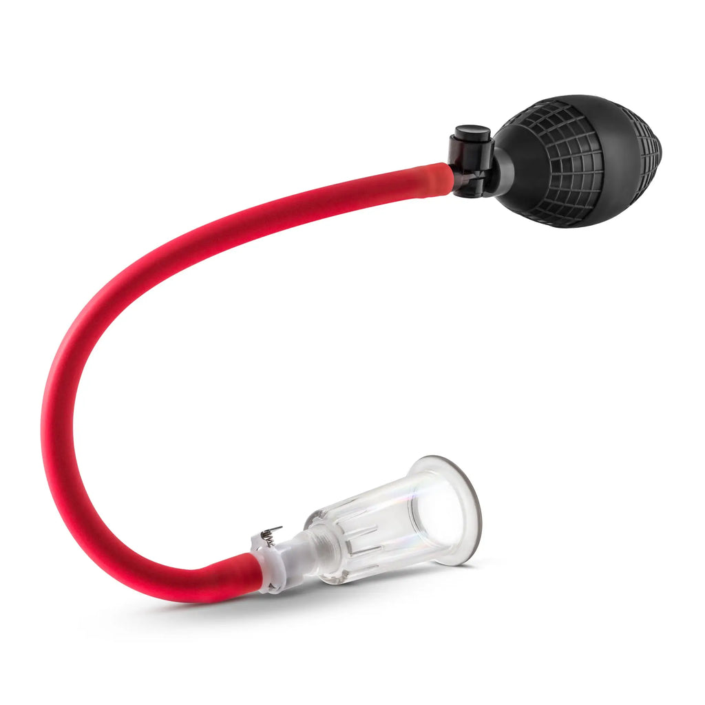 Red silicone tube with black textured bulb and clear suction cup in temptasia beginners clitoral pumping system