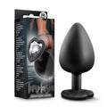 Black silicone anal plug with tapered tip and rounded base labeled temptasia bling plug large by temptasia