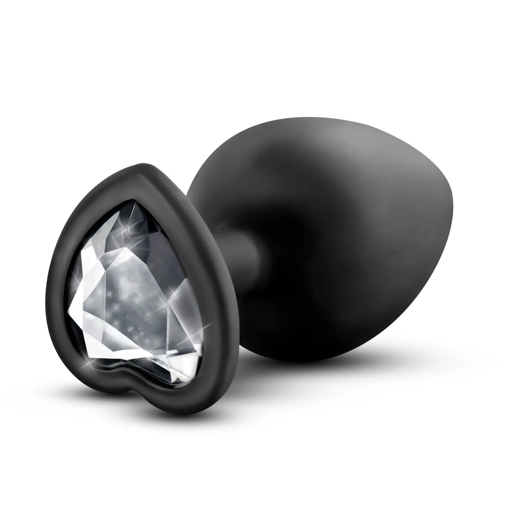Black silicone Temptasia Temptasia bling plug large featuring a heart-shaped faceted crystal gemstone front detail