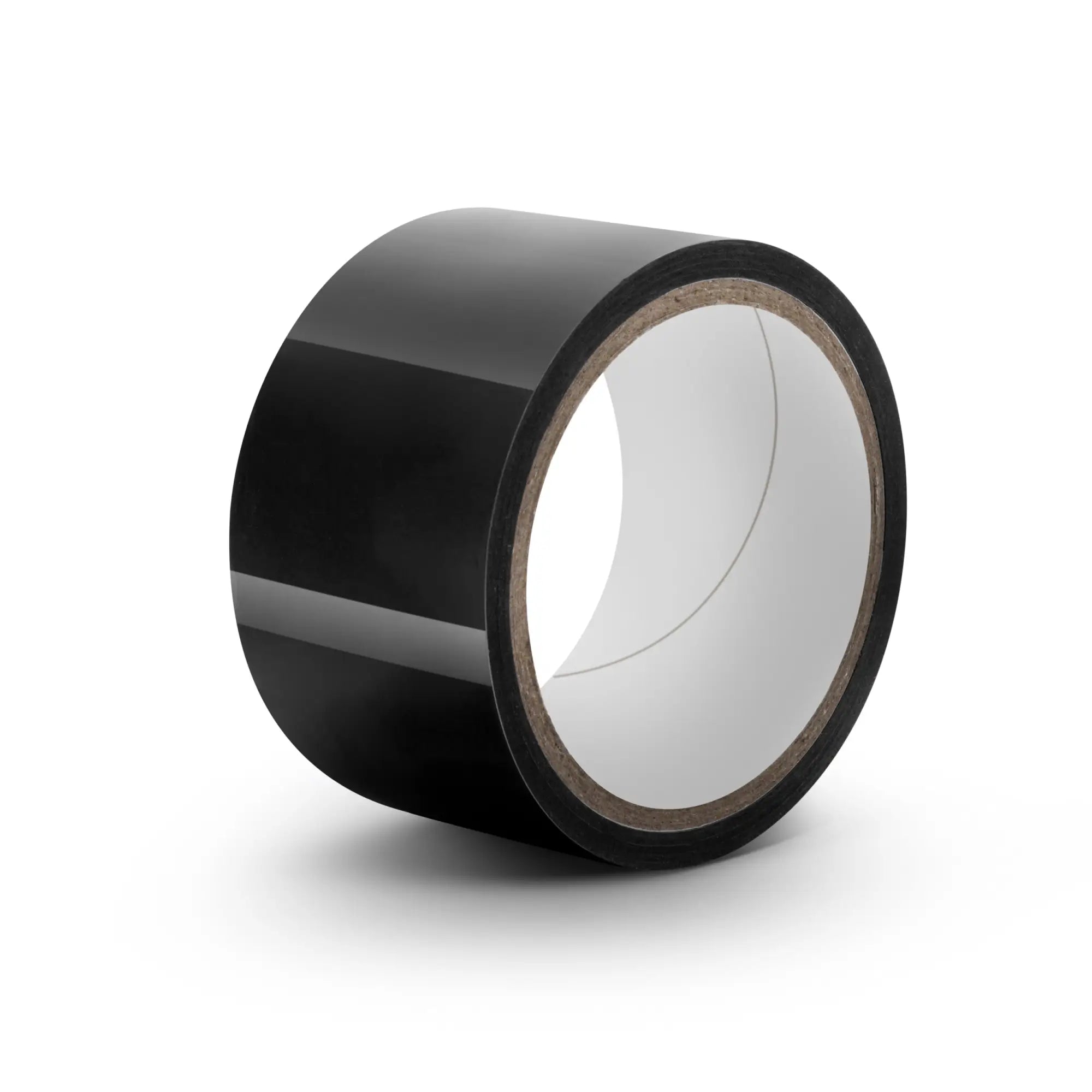 Temptasia bondage tape roll 18m black with glossy adhesive finish and visible white inner backing
