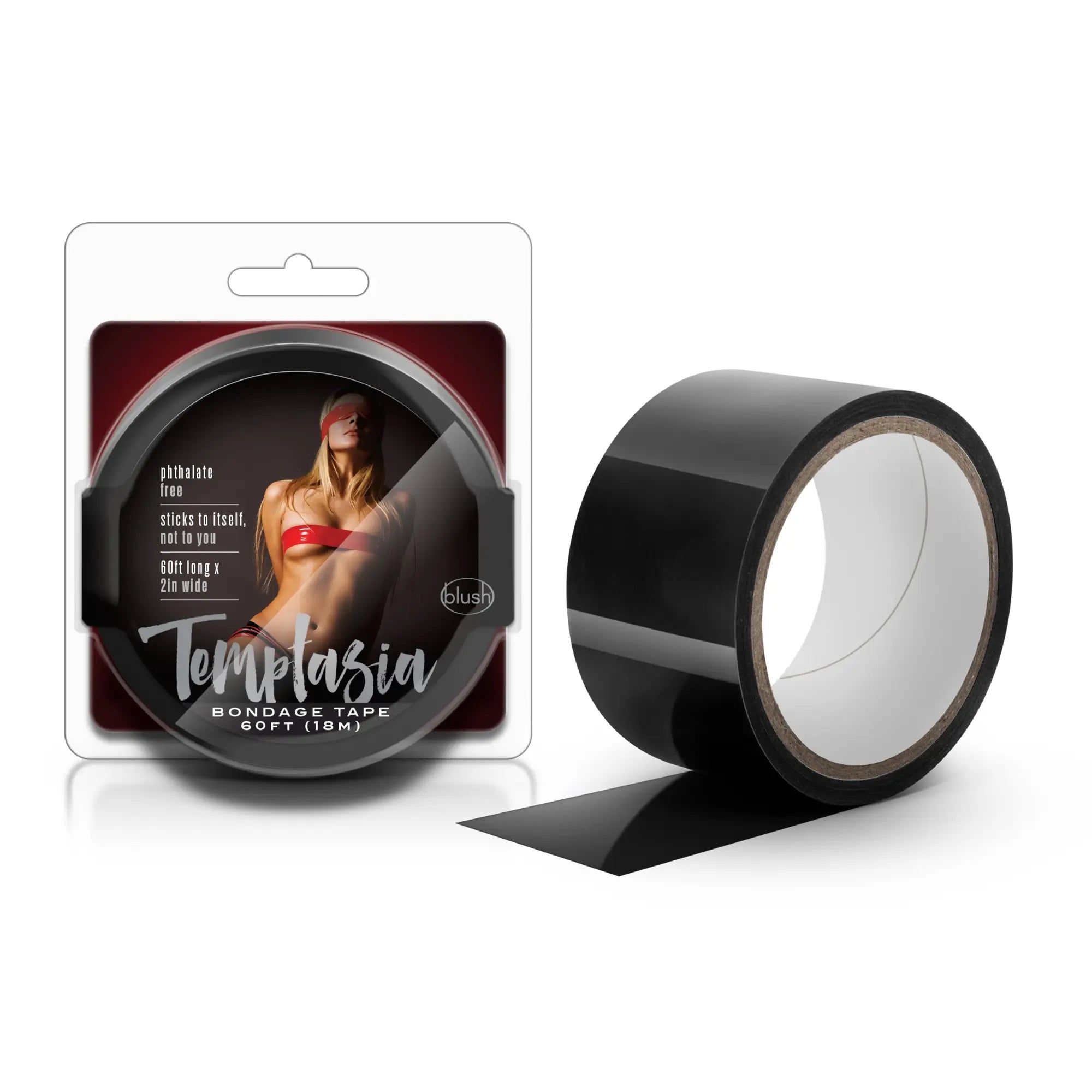Temptasia bondage tape by blush is gloss black 18m tape designed for versatile, comfortable bondage use