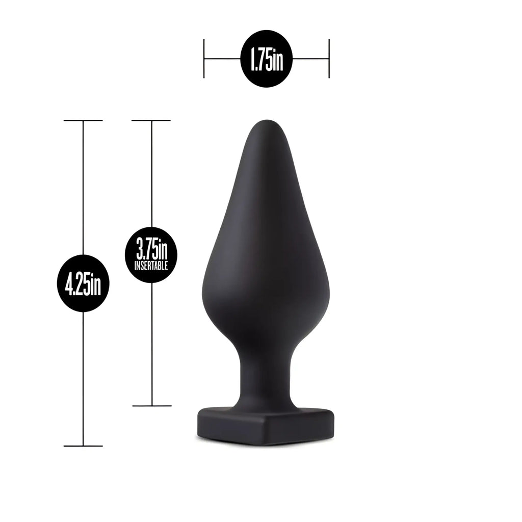 Black matte-finished silicone anal plug with tapered design and square base from temptasia temptasia fuck me butt plug black