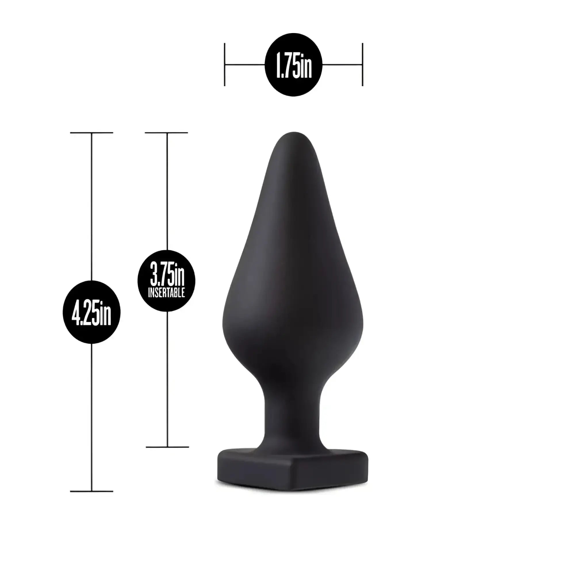 Black matte-finished silicone anal plug with tapered design and square base from temptasia temptasia fuck me butt plug black