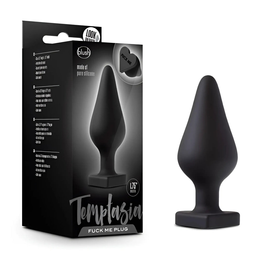 Black matte silicone Temptasia Fuck Me Butt Plug by Blush 7.5 inches in length shown from front side