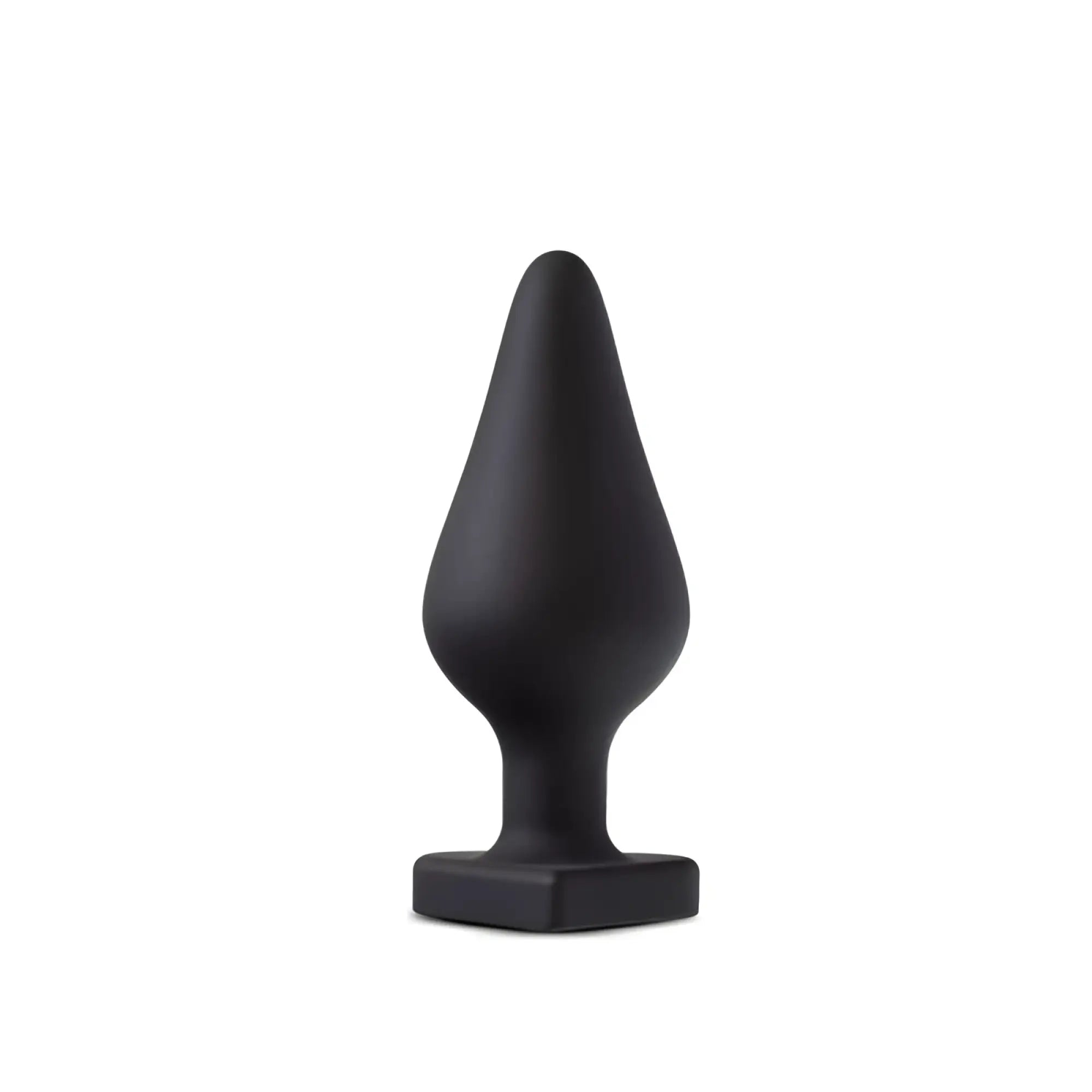 Temptasia fuck me butt plug black silicone with tapered teardrop head and square base shown from the back side