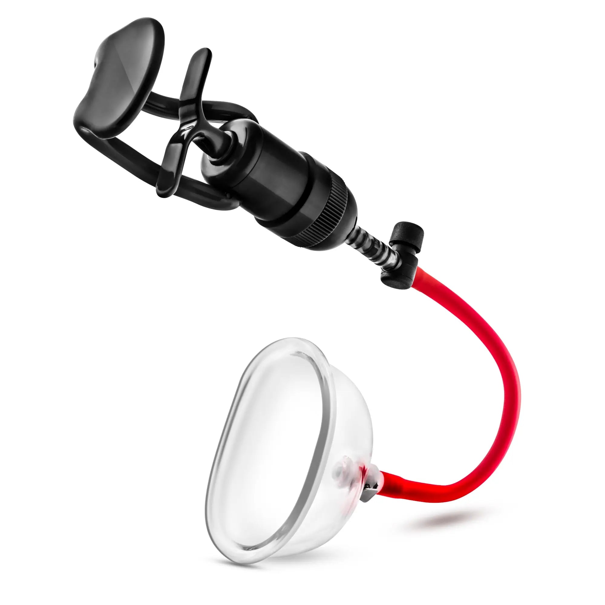 Black and red suction cup device with clear plastic base in temptasia intense pussy pump system for enhanced stimulation