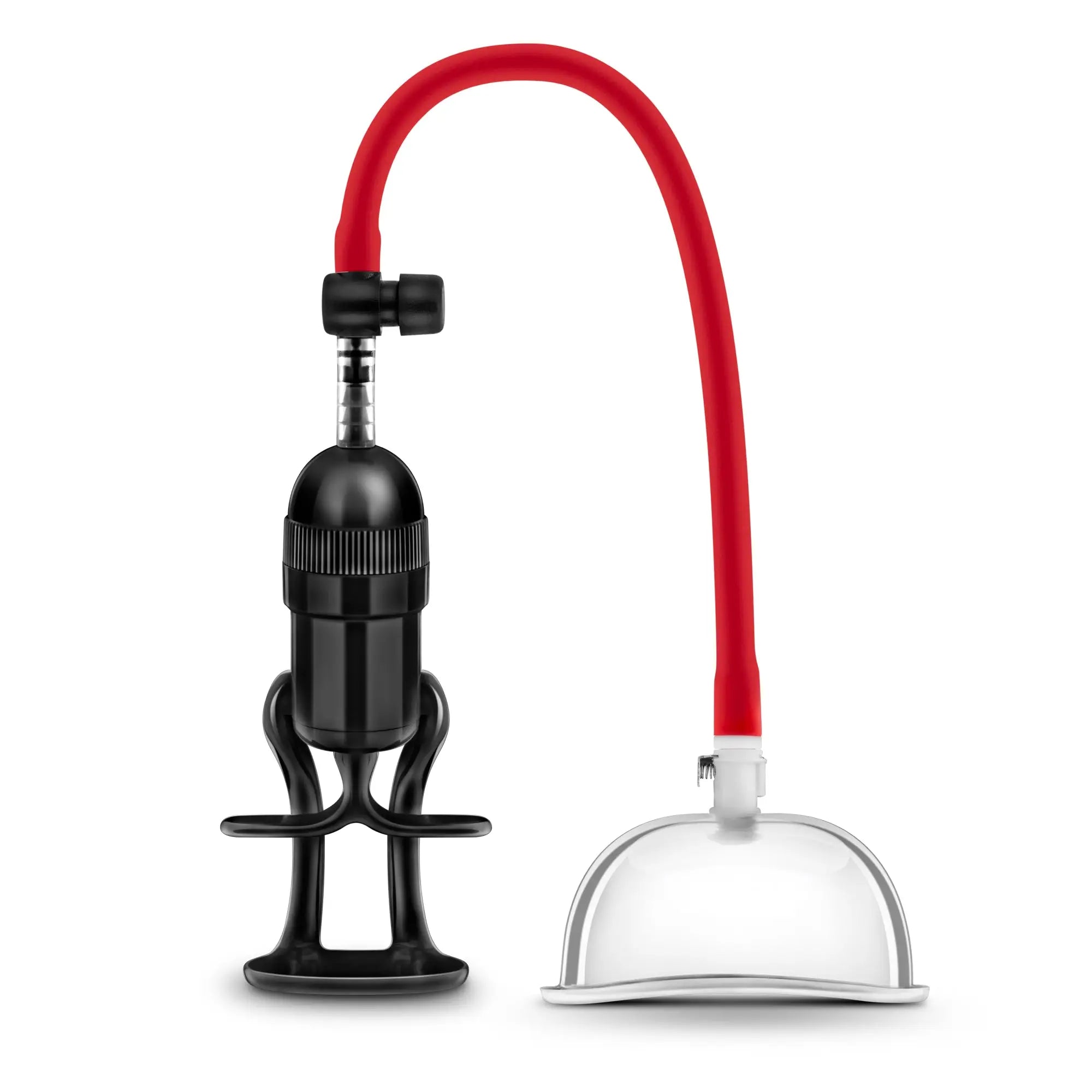 Red and black Temptasia intense pussy pump system with a clear glass dome and suction cup device for intimate use
