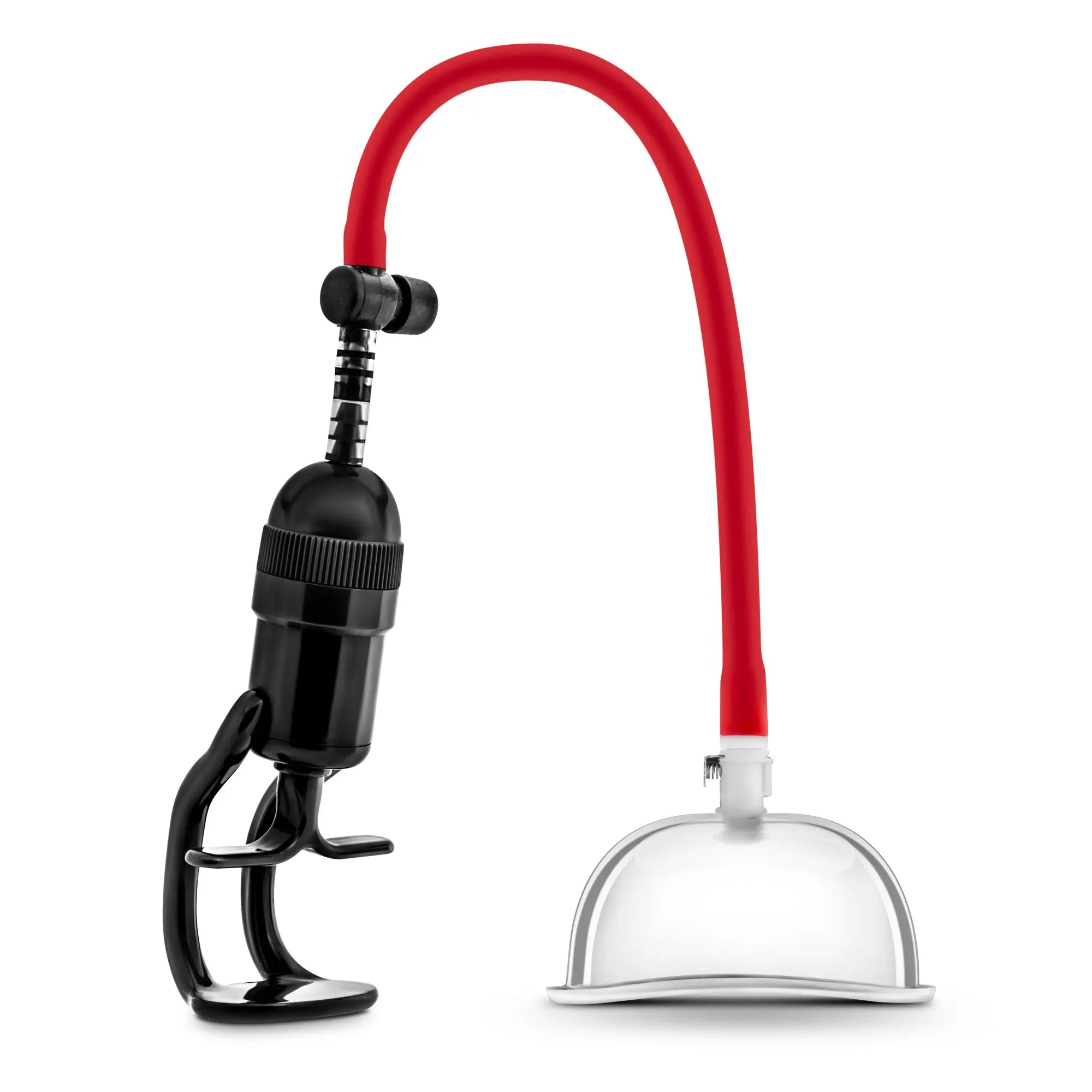 Red and black Temptasia intense pussy pump system with suction cup and clear glass dome for intimate use