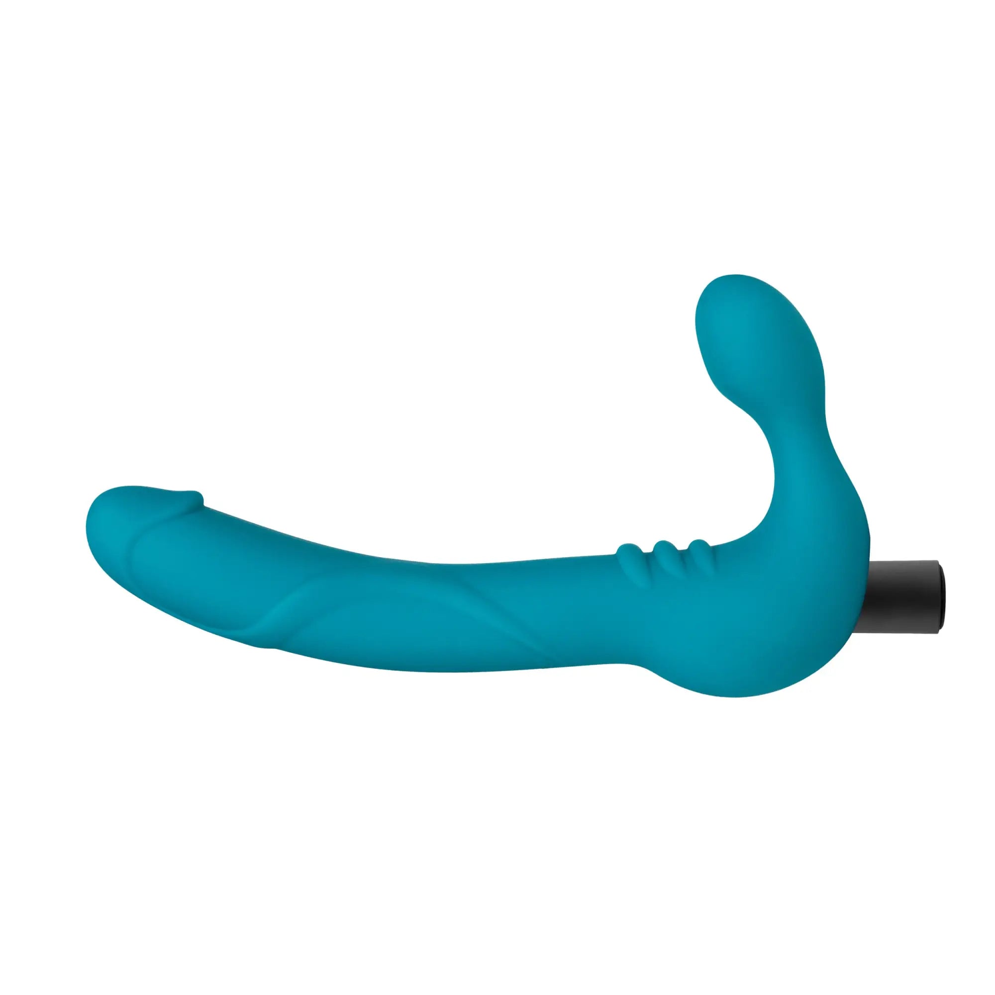 Teal temptasia luna strapless silicone dildo with curved ergonomic design and black cylindrical base shown from the back