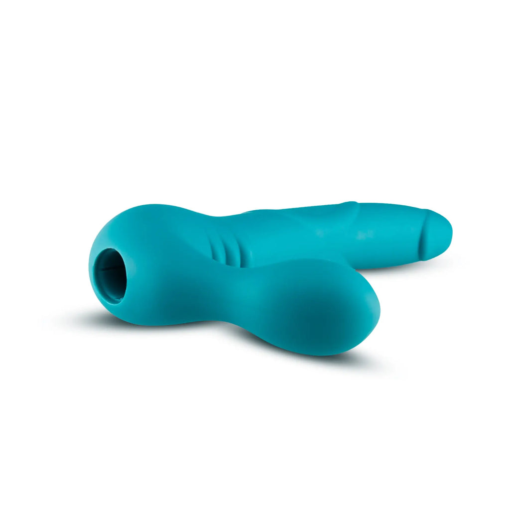 Temptasia luna strapless silicone dildo in teal with rounded head textured grip and bulbous base for adult use