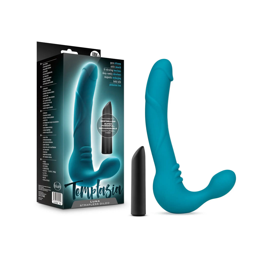 Teal-colored sleekly curved silicone strapless dildo with black magnetic rechargeable tip from temptasia luna series