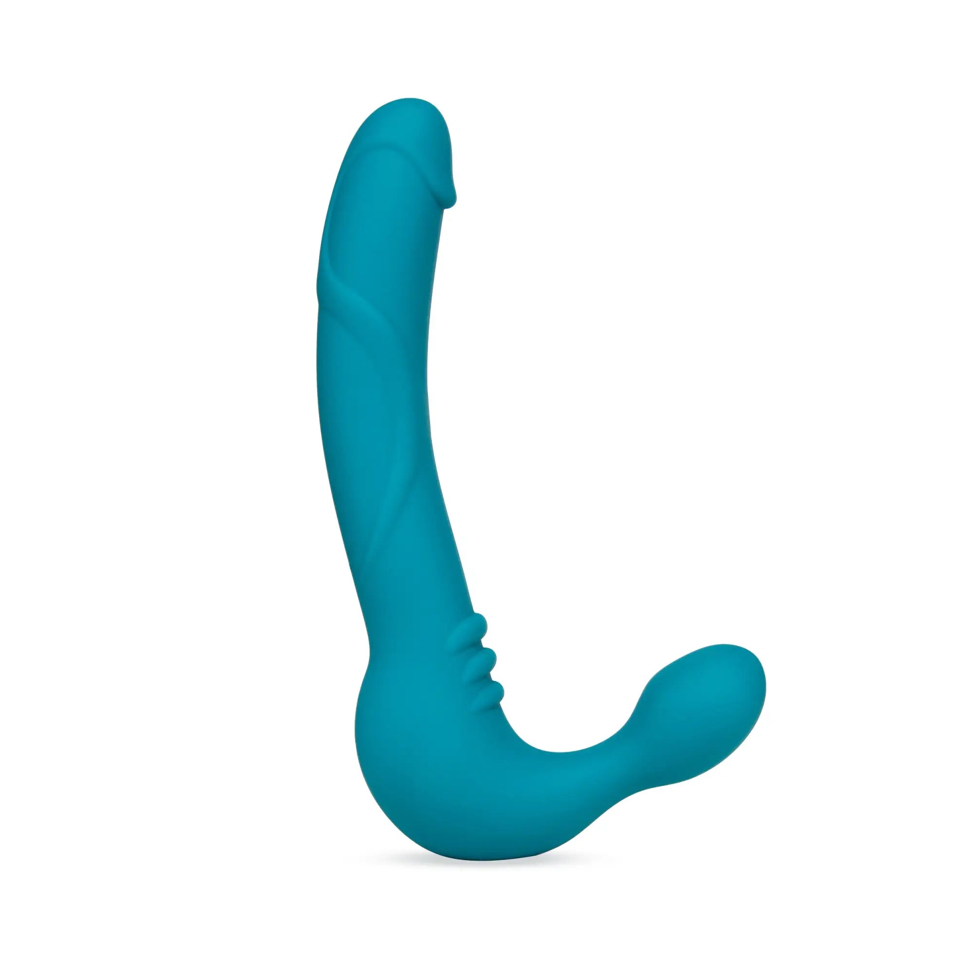 Teal Temptasia Luna strapless silicone dildo with dual-headed curved ergonomic design for versatile use