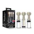 Set of three transparent glass nipple and clit twist suckers with beige plastic handles and black rubber seals.
