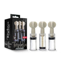 Set of three transparent glass nipple and clit twist suckers with beige plastic handles and black rubber seals by blush temptasia