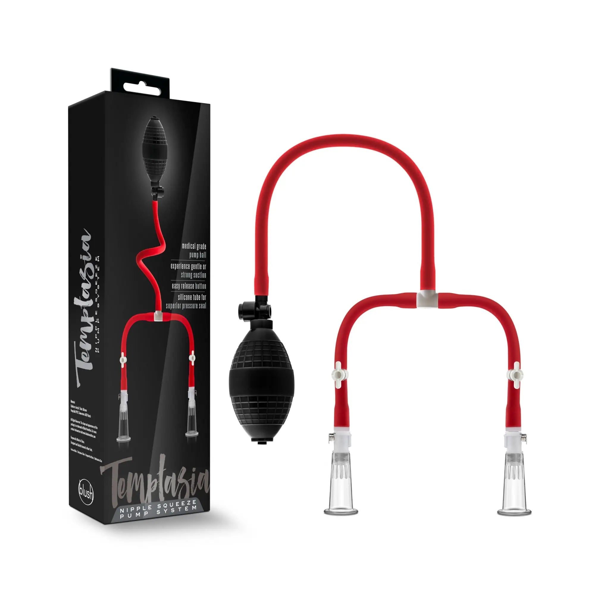 Temptasia nipple squeeze pump system in black with red accents clear silicone cups and bulb-style hand pump