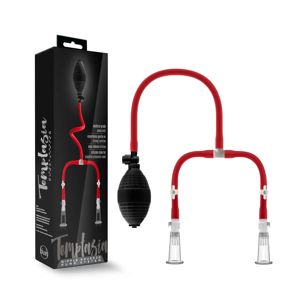 Temptasia nipple squeeze pump system in black with red accents clear silicone cups and bulb-style hand pump
