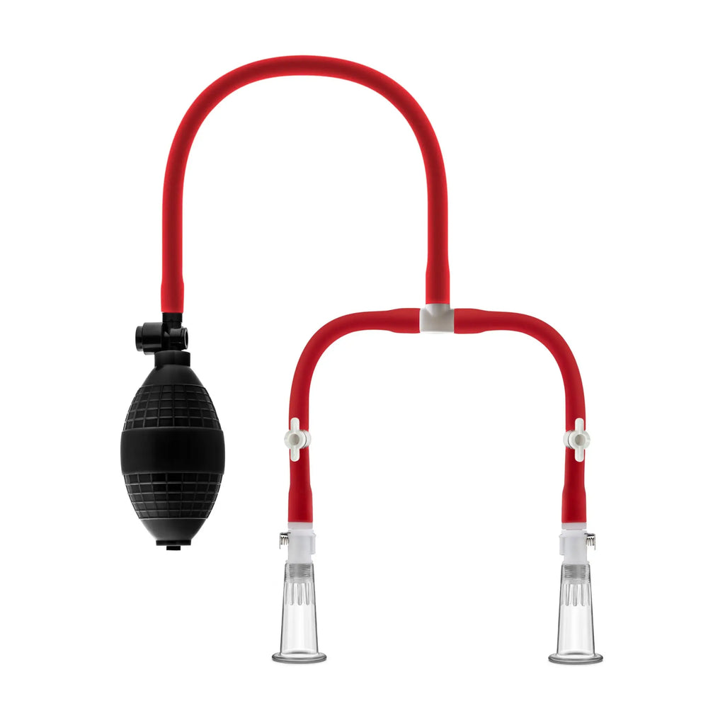 Red silicone tube set with black bulb pump and clear glass suction cups for Temptasia nipple squeeze pump system black
