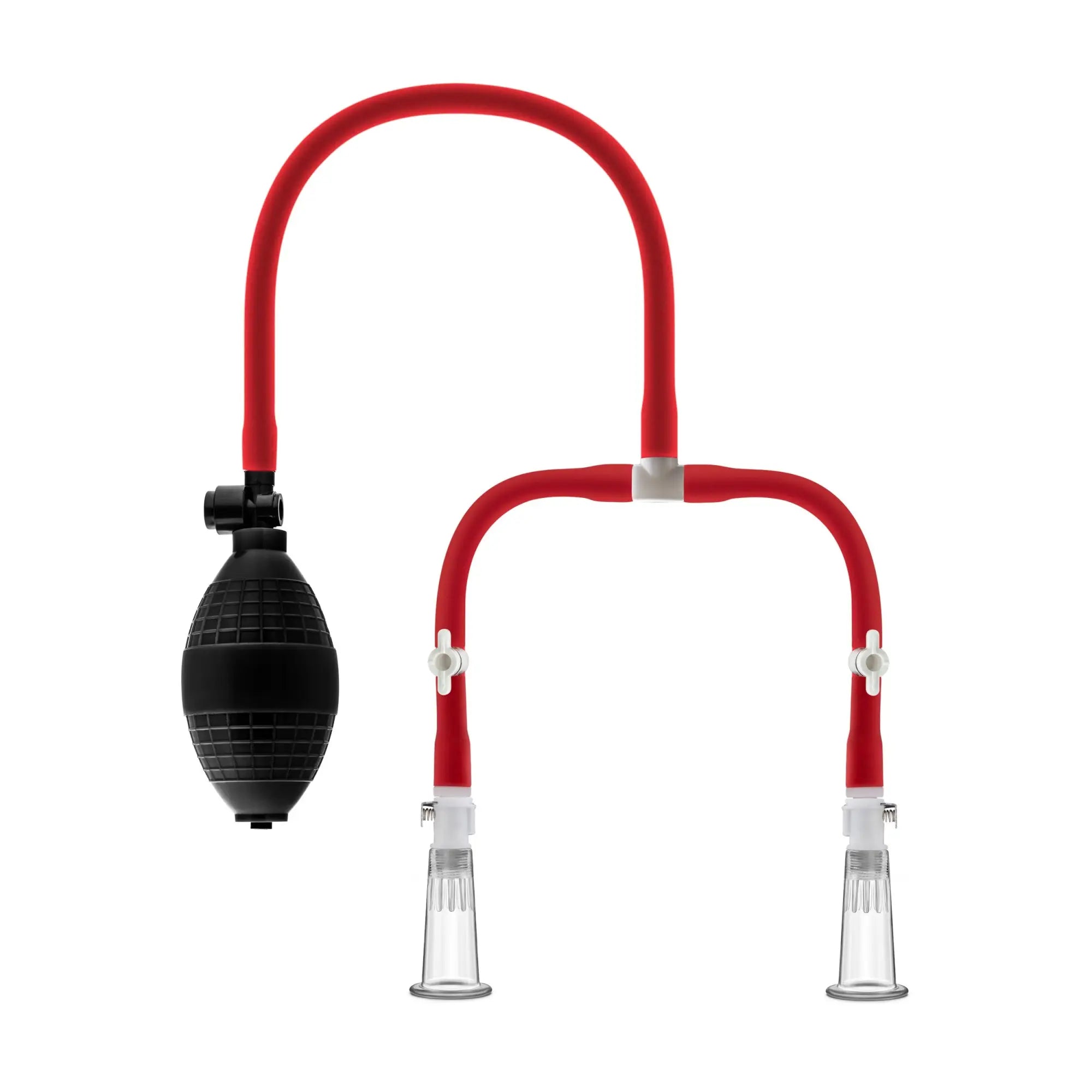 Red silicone tube set with black bulb pump and clear glass suction cups for Temptasia nipple squeeze pump system black