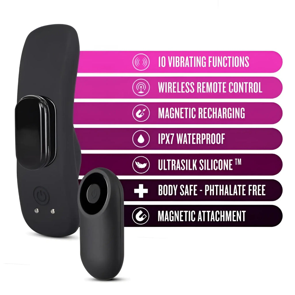 Black silicone vibrating panty vibe with wireless remote control and magnetic attachment by temptasia