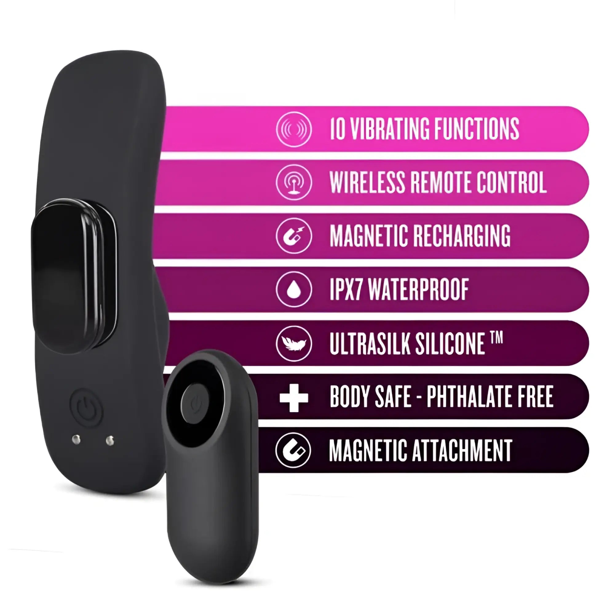 Black silicone vibrating panty vibe with wireless remote control and magnetic attachment by temptasia