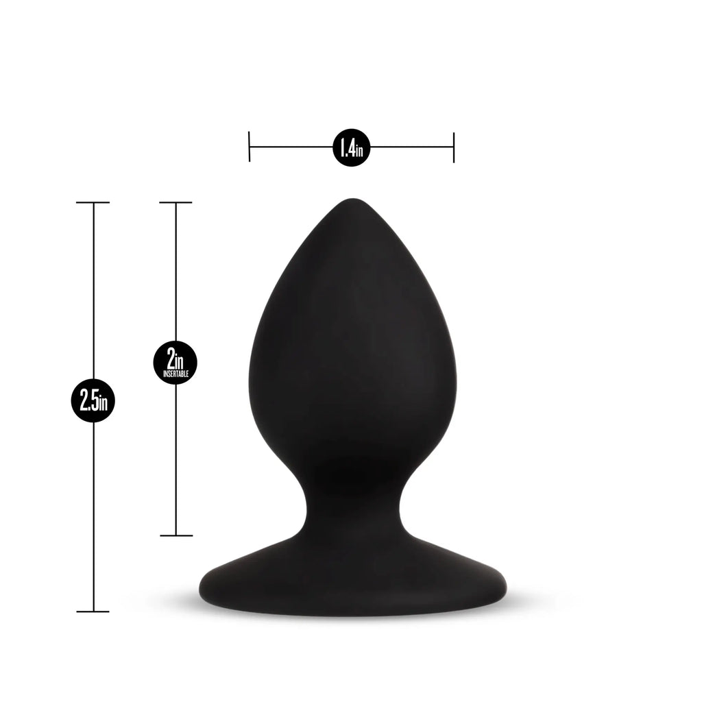 Black silicone temptasia slave plug with tapered teardrop head and wide base for stability and comfort