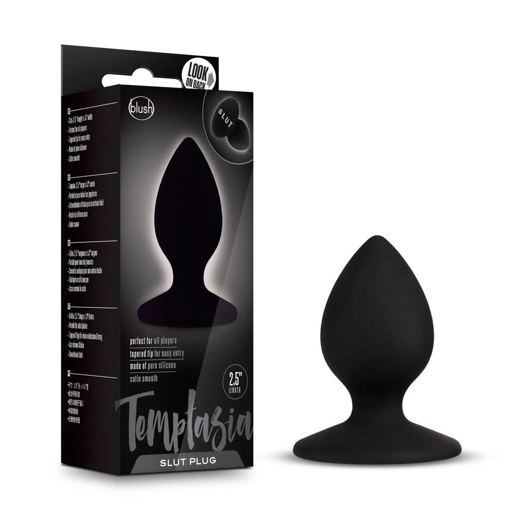 Black silicone temptasia slut plug with tapered tip and smooth rounded design for comfortable use