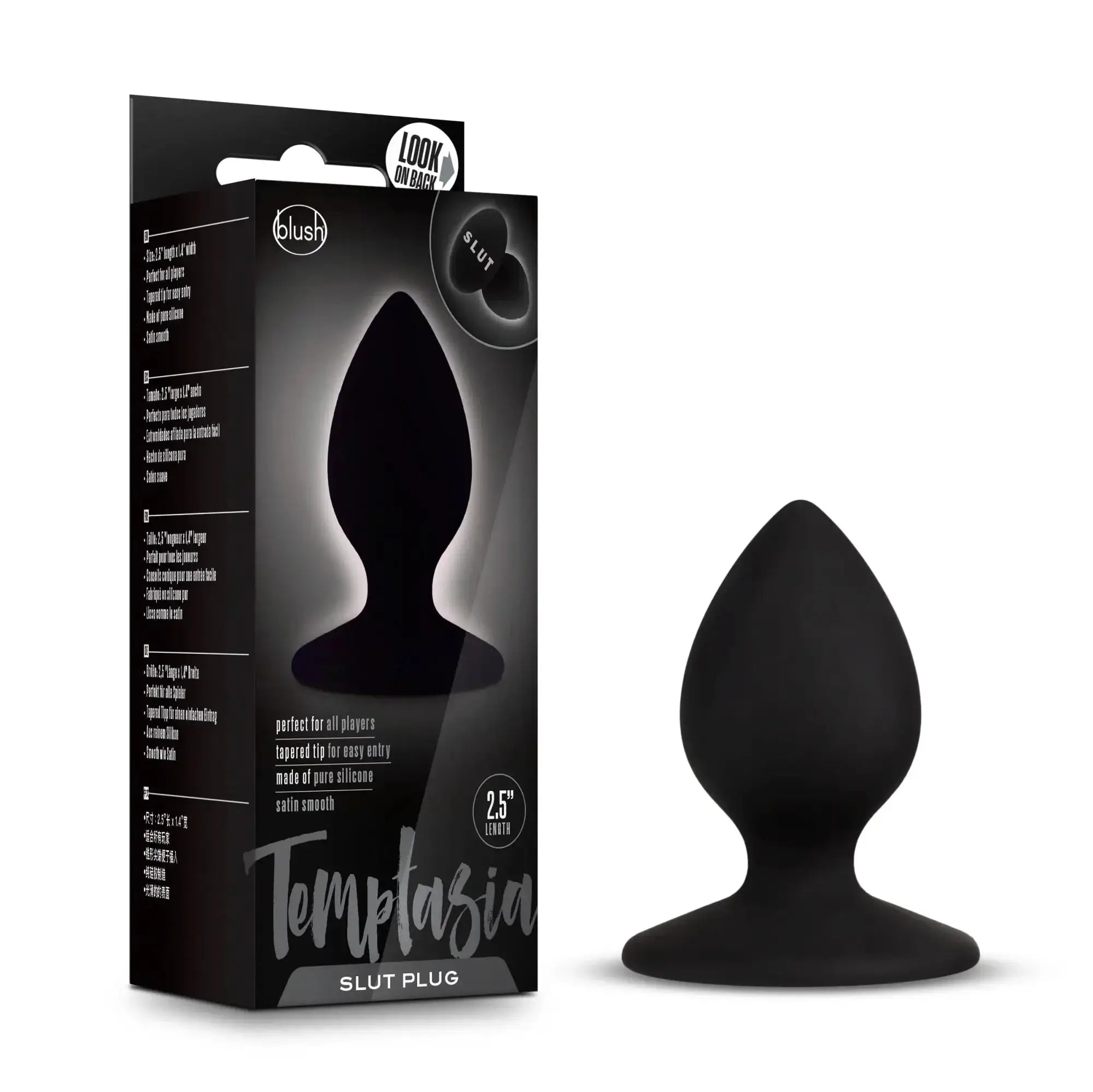 Black silicone temptasia slut plug with tapered tip and smooth rounded design for comfortable use