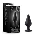 Black silicone anal plug with tapered teardrop body and flat hexagonal base from temptasia spank me collection