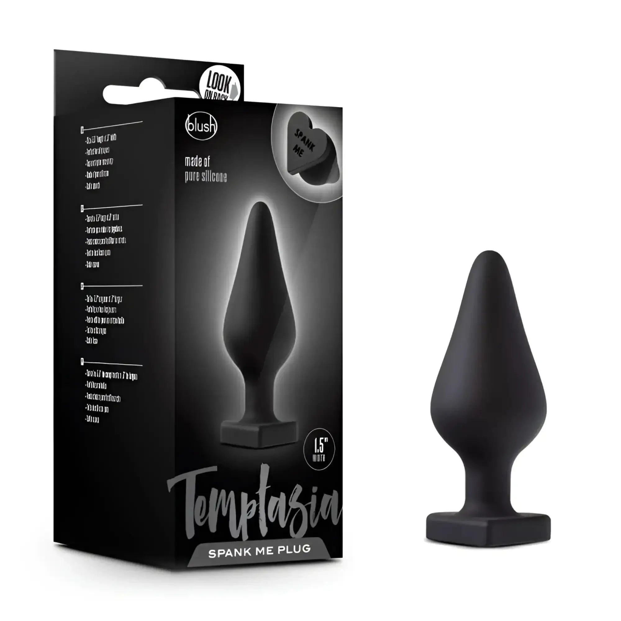 Black silicone anal plug with tapered teardrop body and flat hexagonal base from temptasia spank me collection