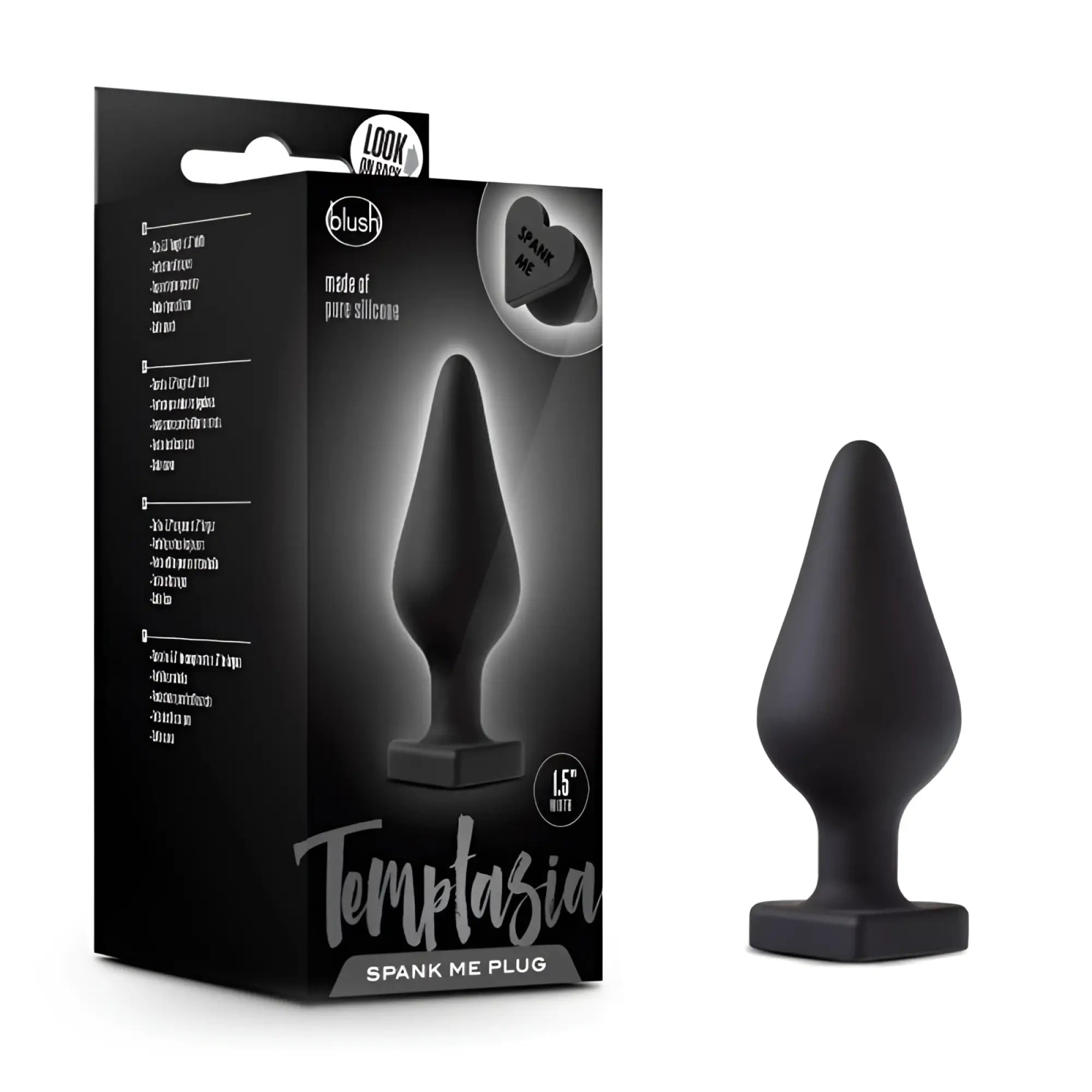 Black silicone anal plug with tapered teardrop body and flat hexagonal base from temptasia spank me collection
