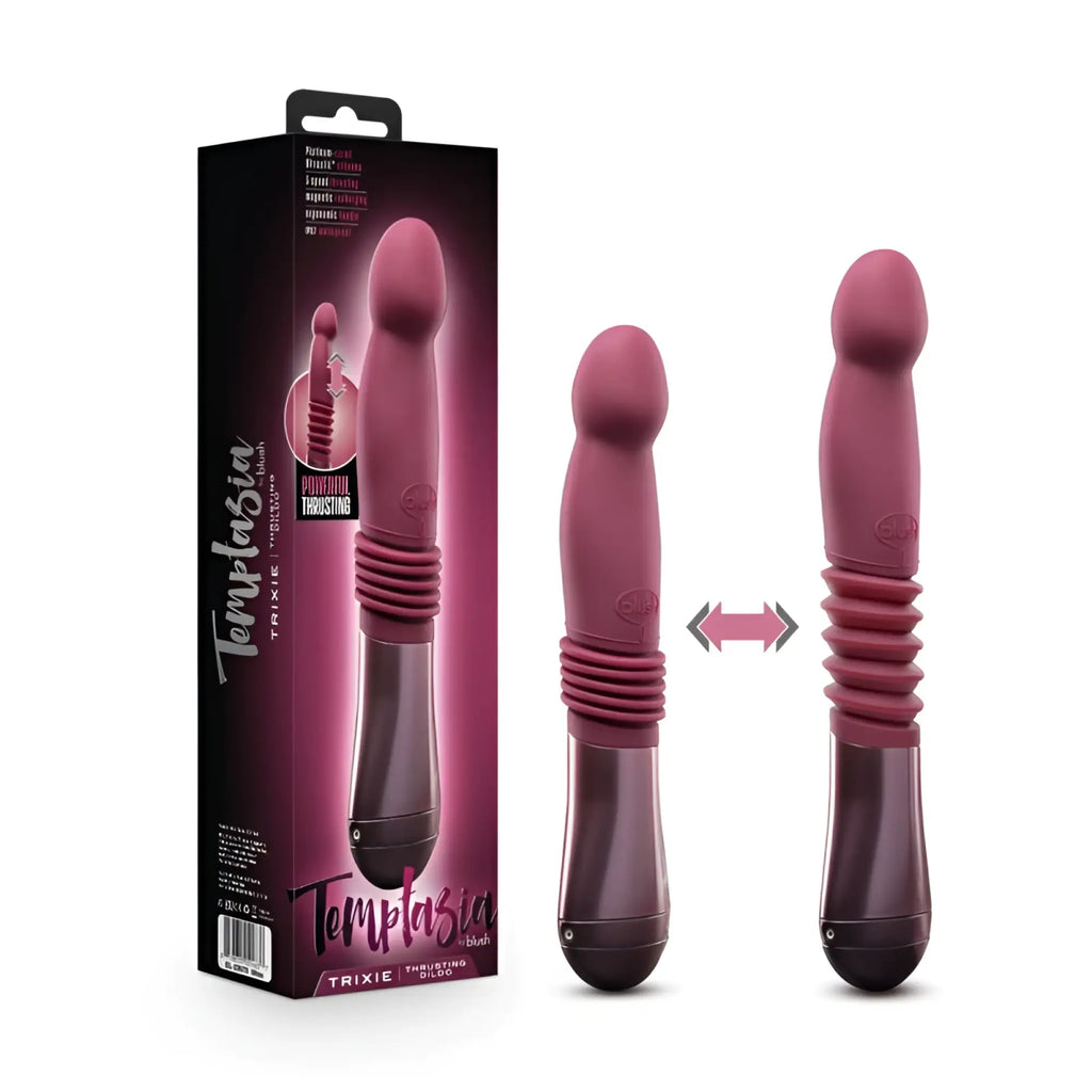 The temptasia trixie thrusting dildo wine is a sleek magenta silicone vibrator with textured grip and magnetic base