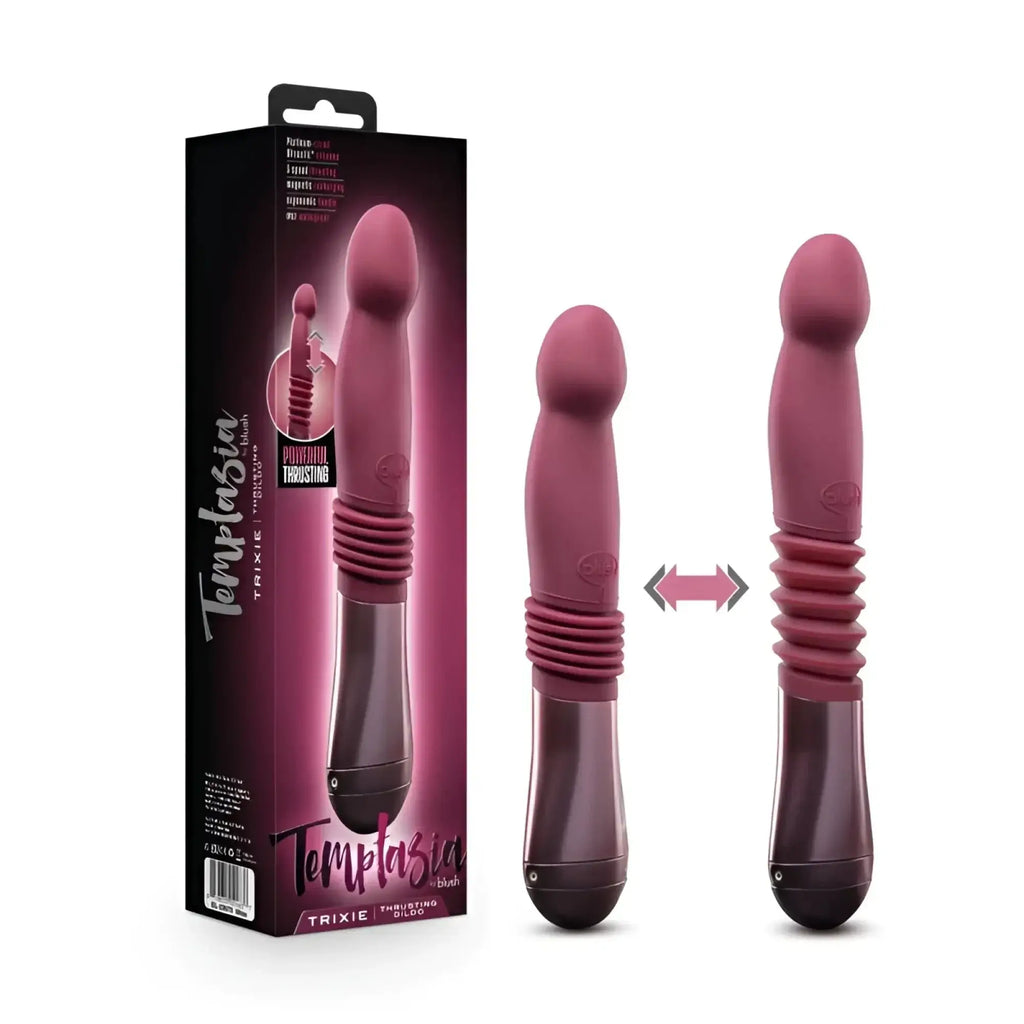 The temptasia trixie thrusting dildo wine is a sleek magenta silicone vibrator with textured grip and magnetic base