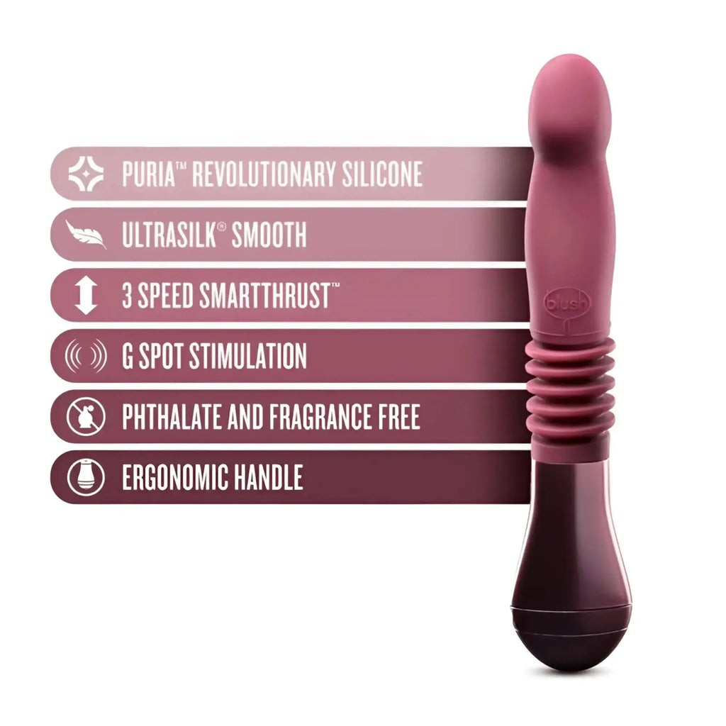 A sleek plum-colored Temptasia Trixie thrusting dildo made of smooth silicone with an ergonomic handle
