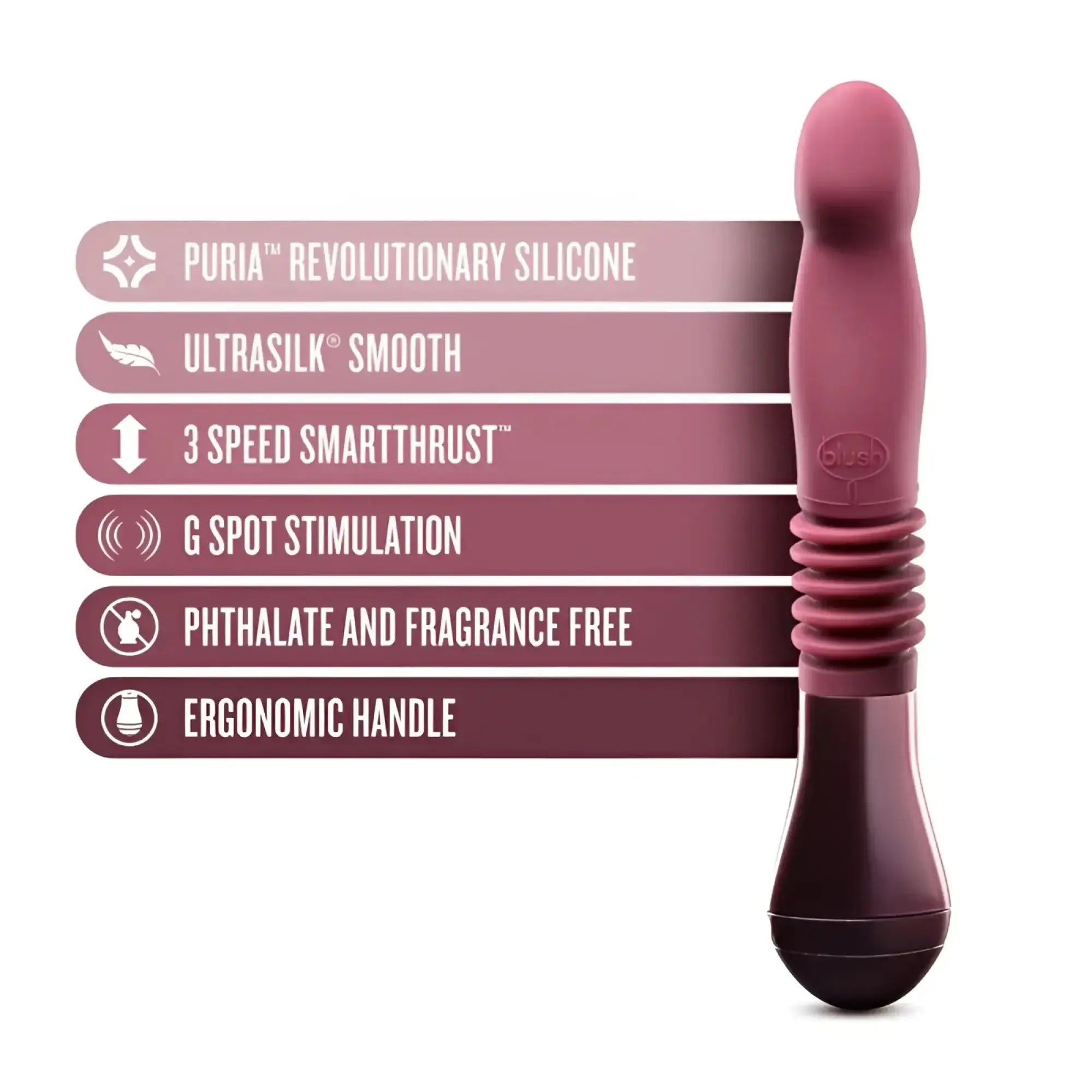 A sleek plum-colored Temptasia Trixie thrusting dildo made of smooth silicone with an ergonomic handle