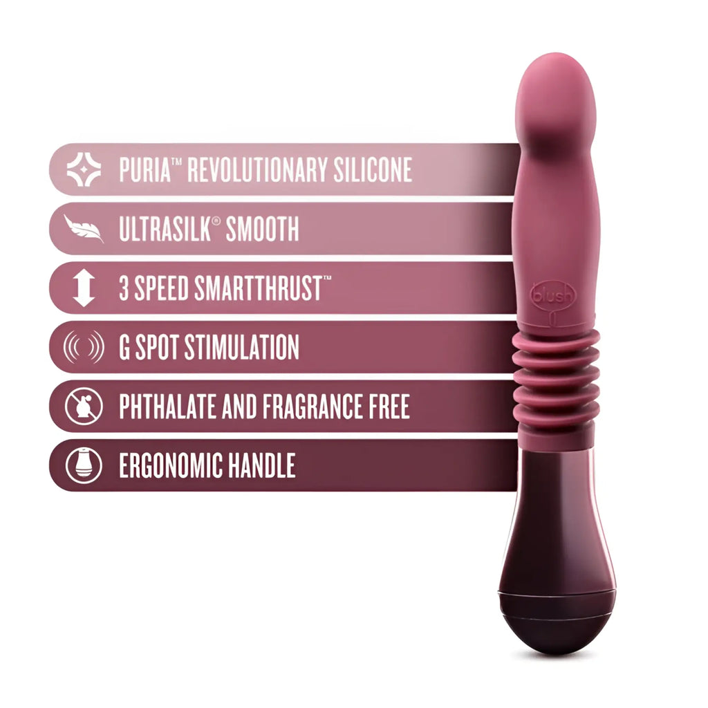 A sleek plum-colored Temptasia Trixie thrusting dildo made of smooth silicone with an ergonomic handle