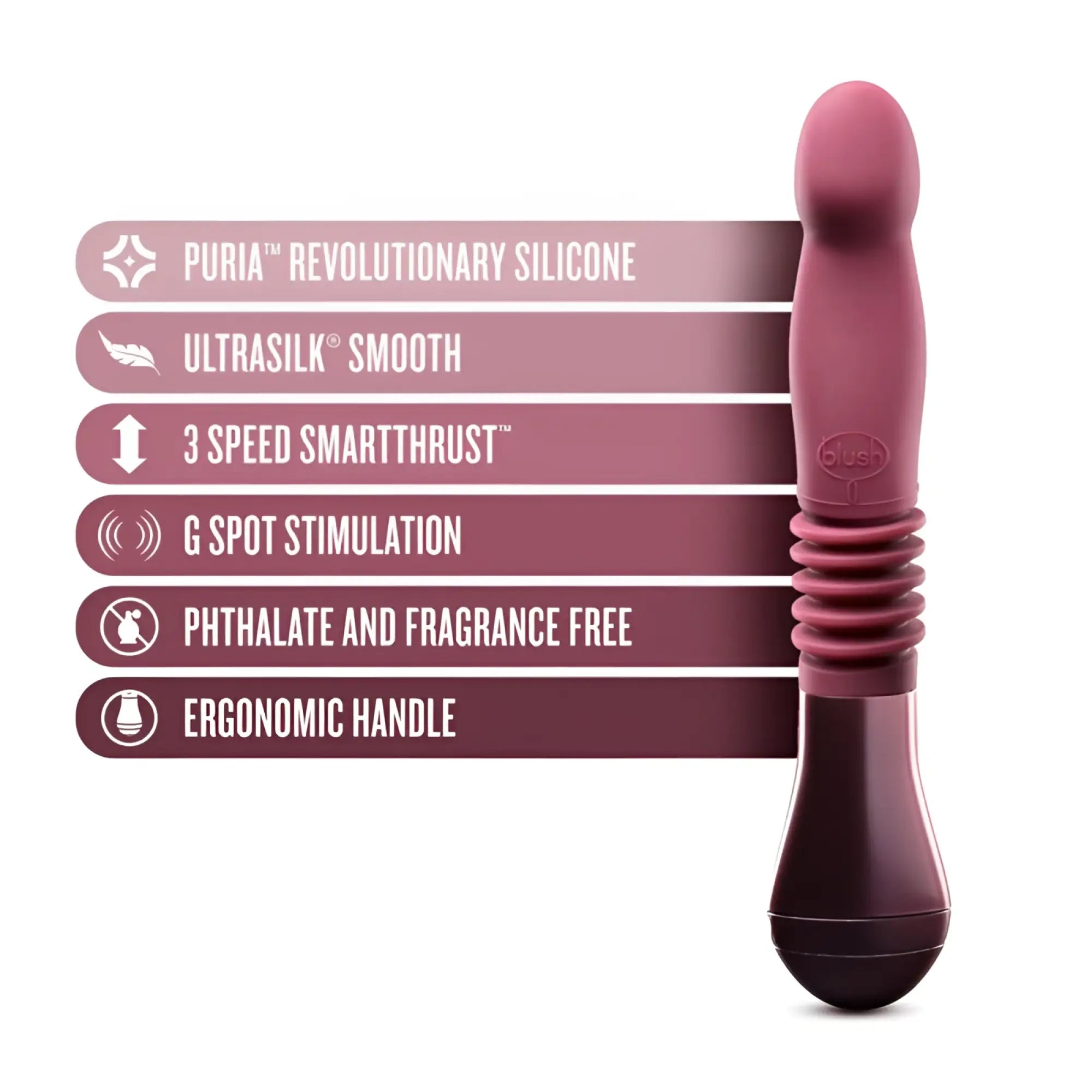 A sleek plum-colored Temptasia Trixie thrusting dildo made of smooth silicone with an ergonomic handle