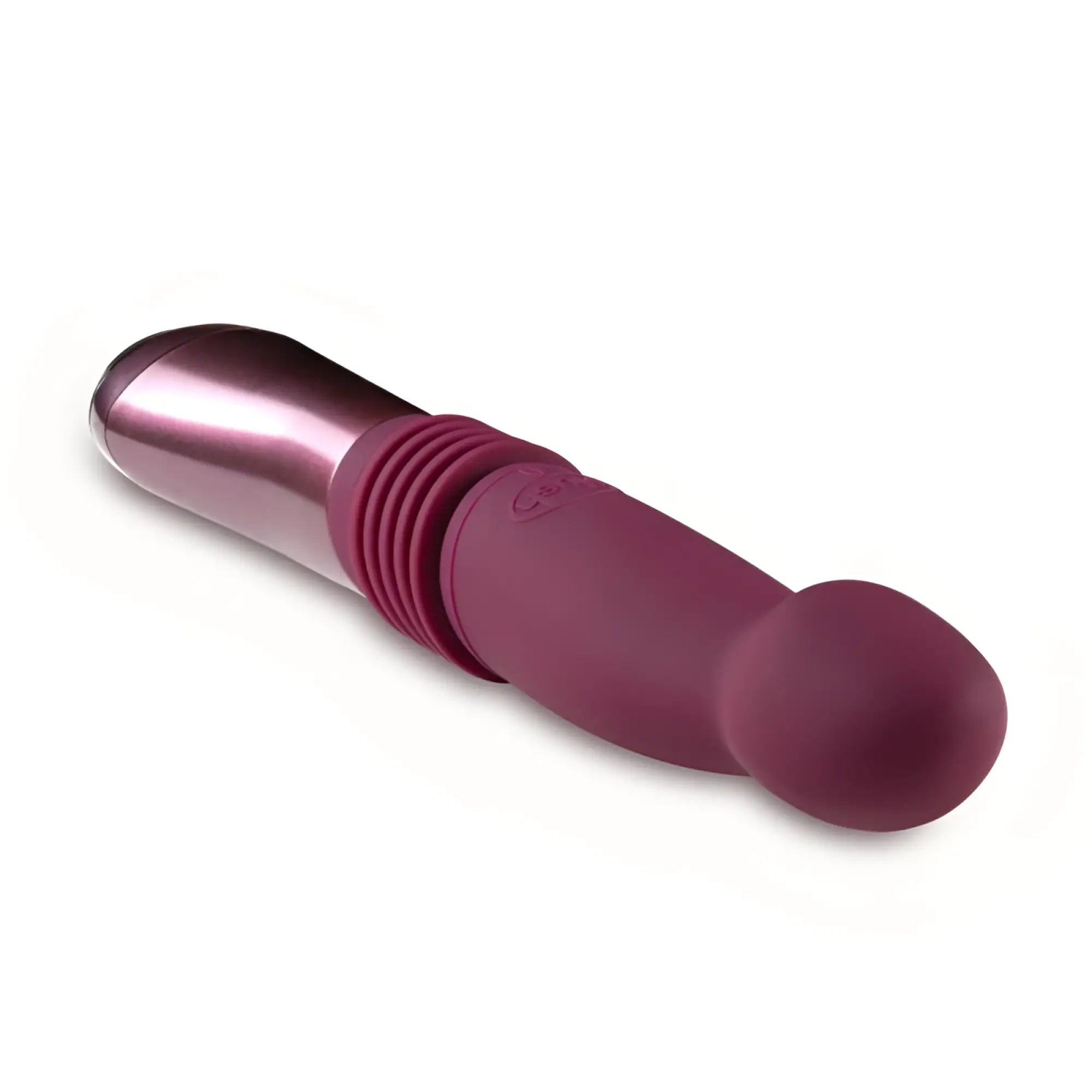 A sleek Temptasia Trixie thrusting dildo with a metallic rose gold head and ribbed matte plum wine body for grip