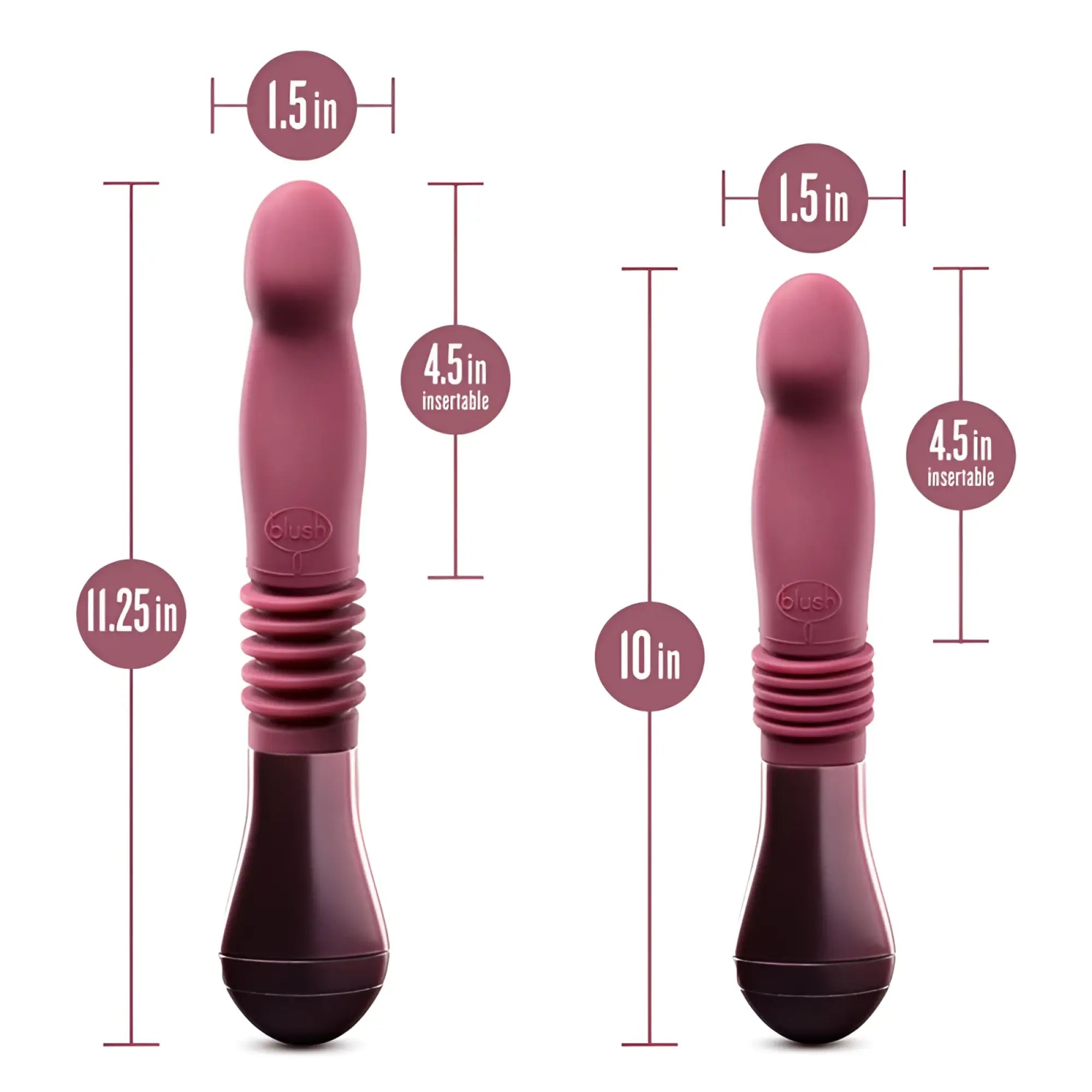 Two plum-colored silicone temptasia trixie thrusting dildos with textured grips and rounded heads in wine color