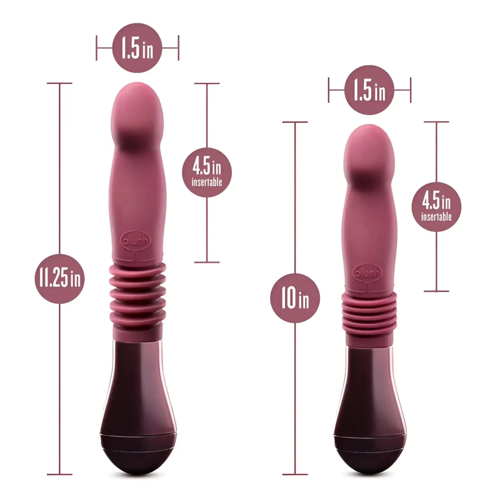 Two plum-colored silicone temptasia trixie thrusting dildos with textured grips and rounded heads in wine color
