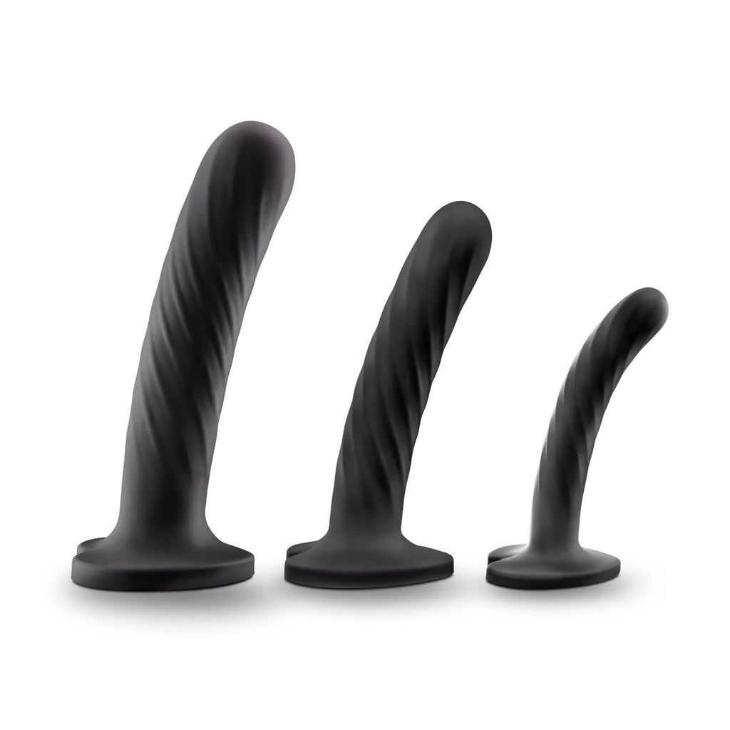 Set of three black silicone twisted tapered anal toys from temptasia twist kit for gradual comfortable insertion