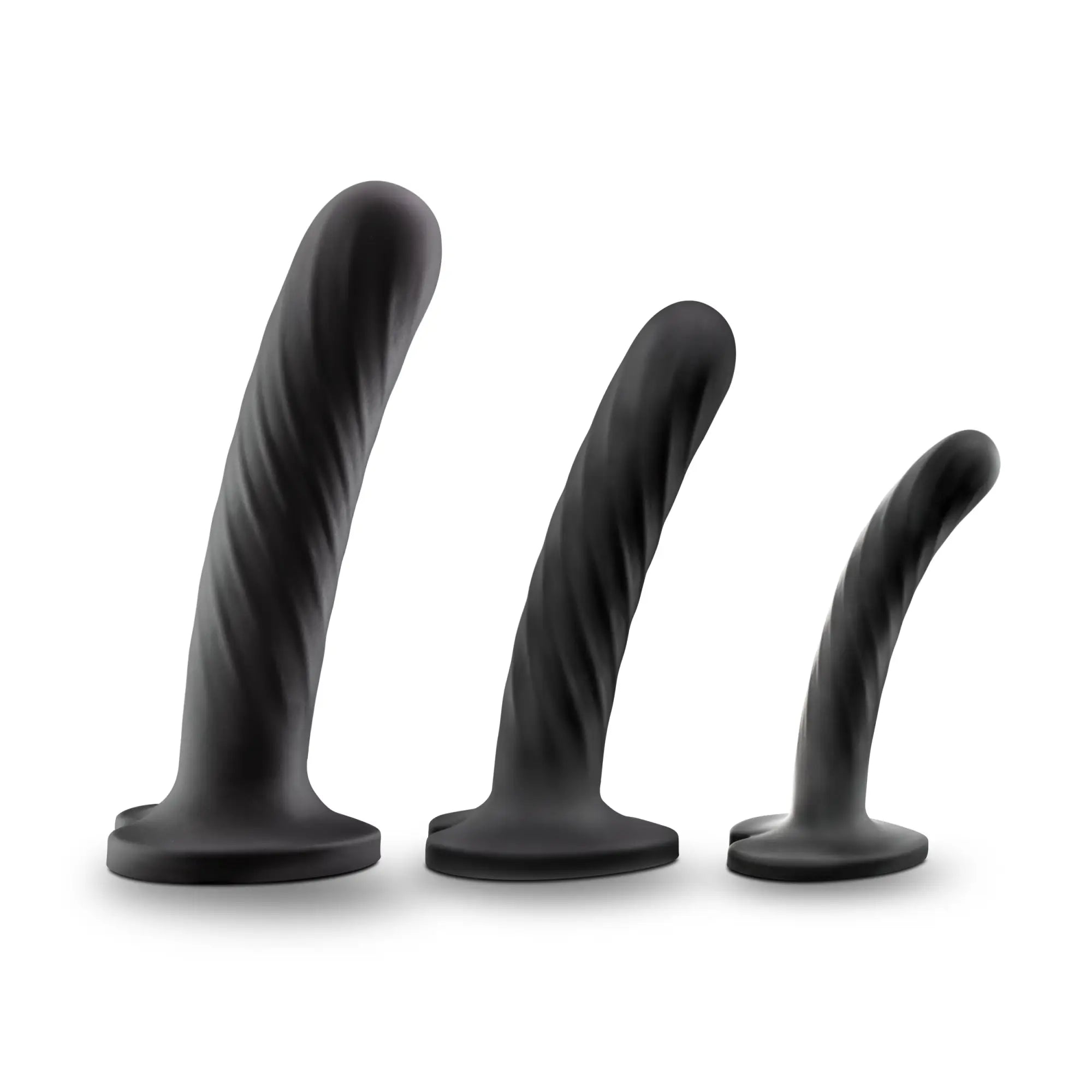 Set of three black silicone twisted tapered anal toys from temptasia twist kit for gradual comfortable insertion