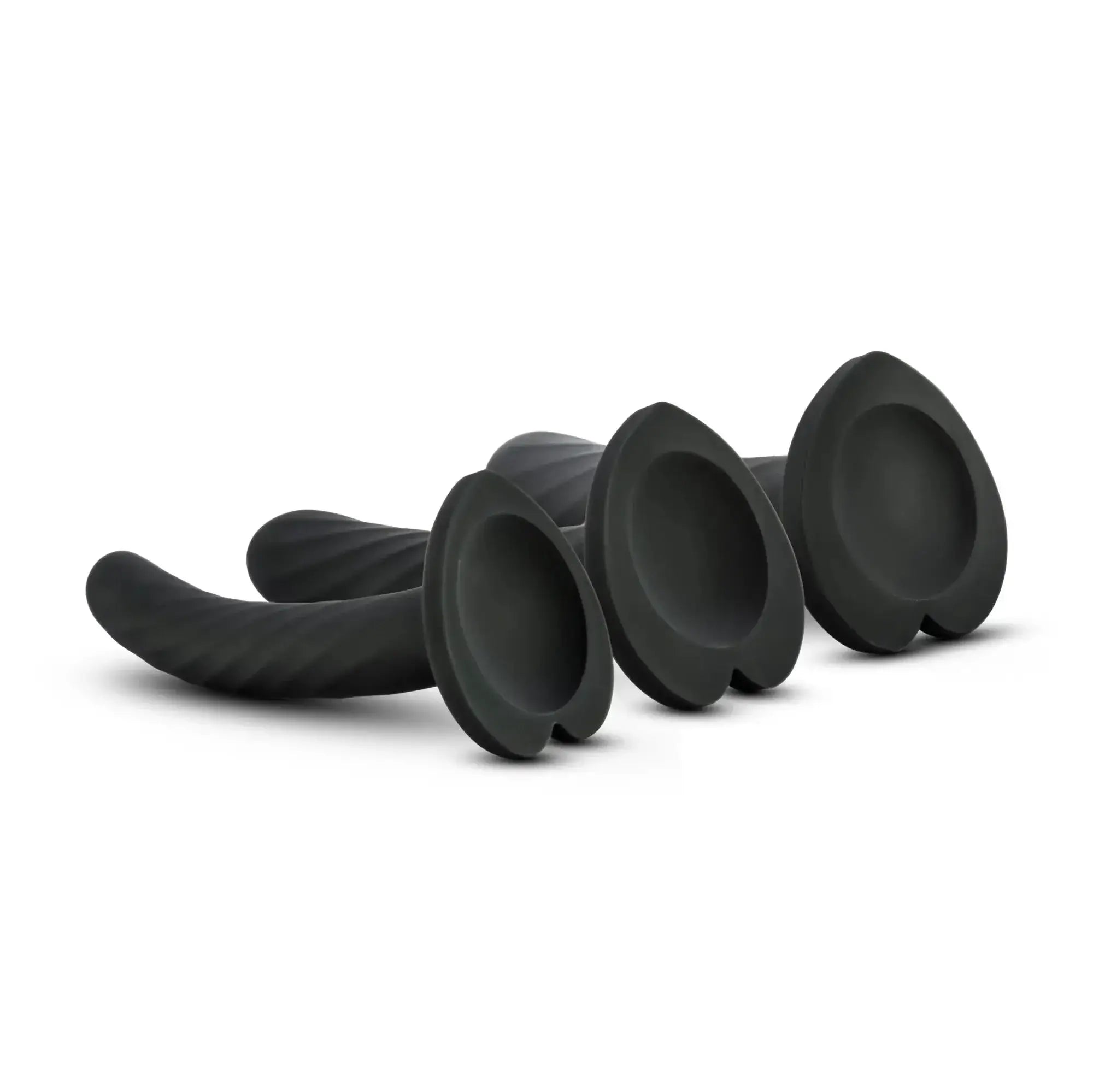 Set of three black silicone anal plugs with textured ribbed shafts and smooth rounded flared bases Temptasia Twist Kit