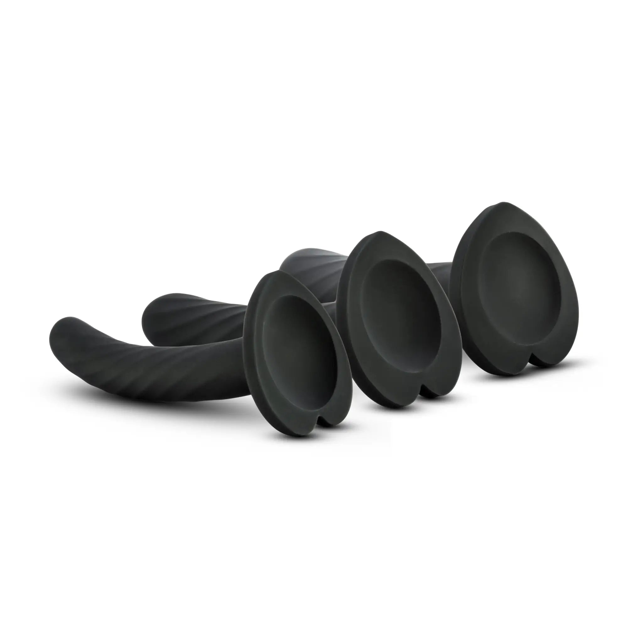 Set of three black silicone anal plugs with textured ribbed shafts and smooth rounded flared bases Temptasia Twist Kit