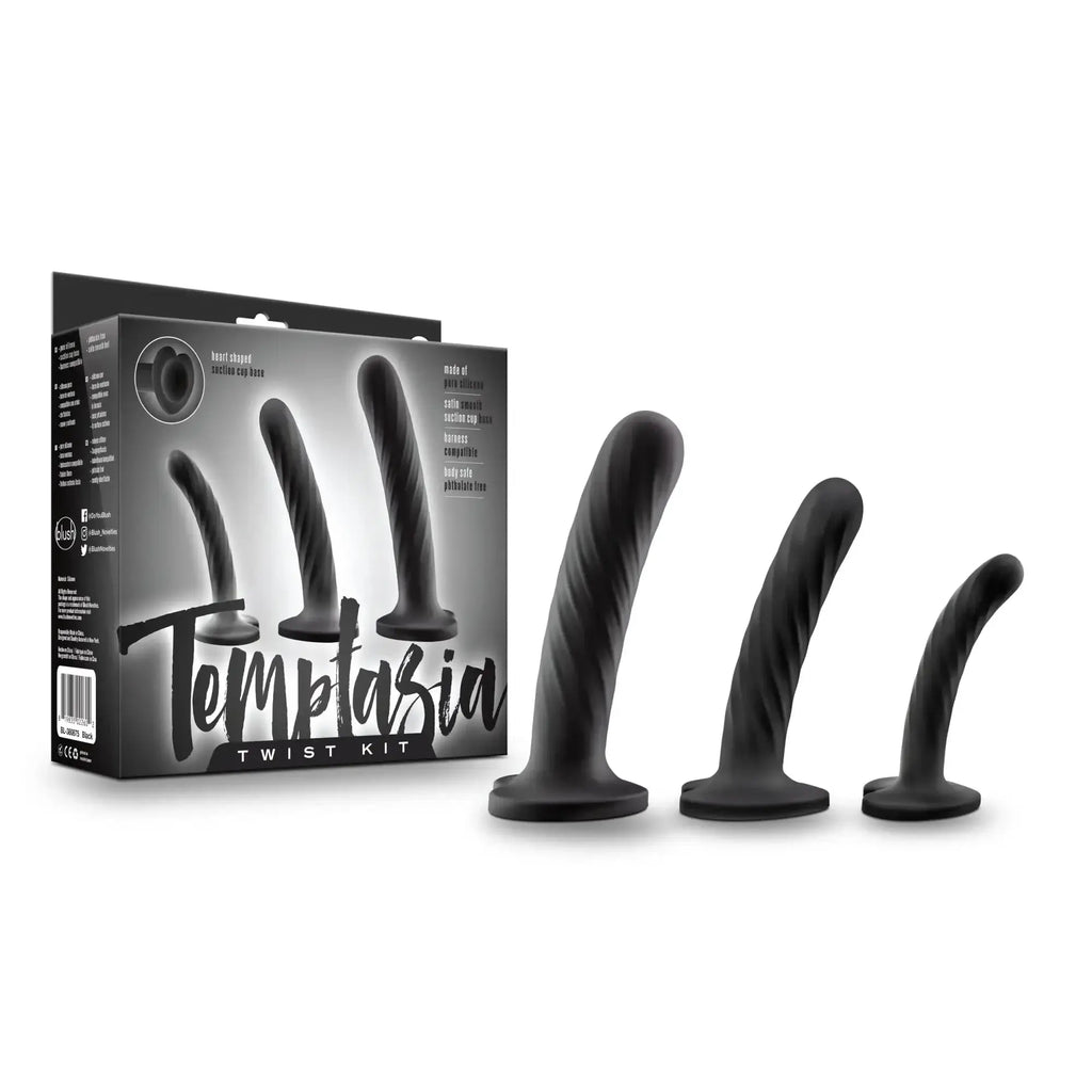 Black silicone temptasia twist kit set of three with four textured tapered inserts in varying sizes for versatile use
