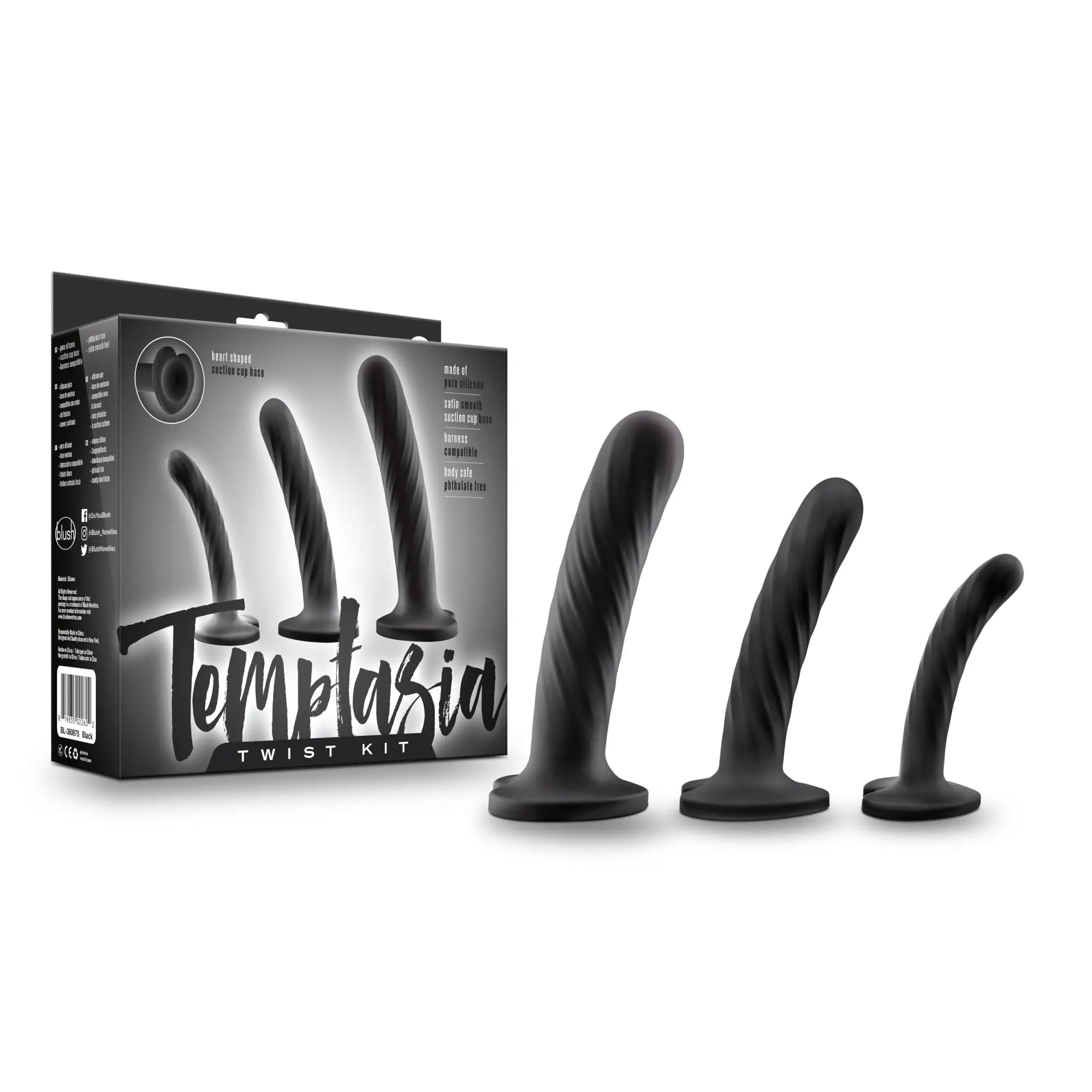 Black silicone temptasia twist kit set of three with four textured tapered inserts in varying sizes for versatile use