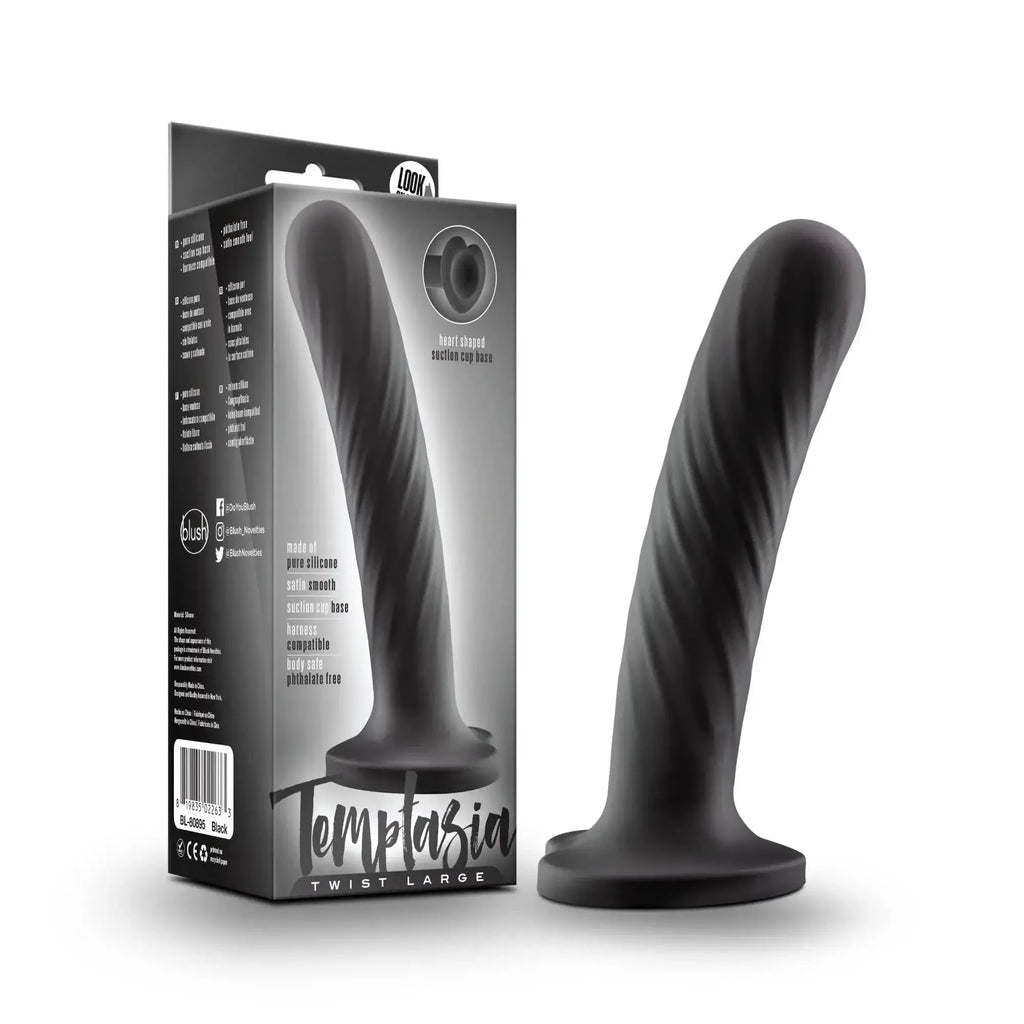 Black silicone dildo with twisted textured design labeled temptazia twist large by Look for intimate use