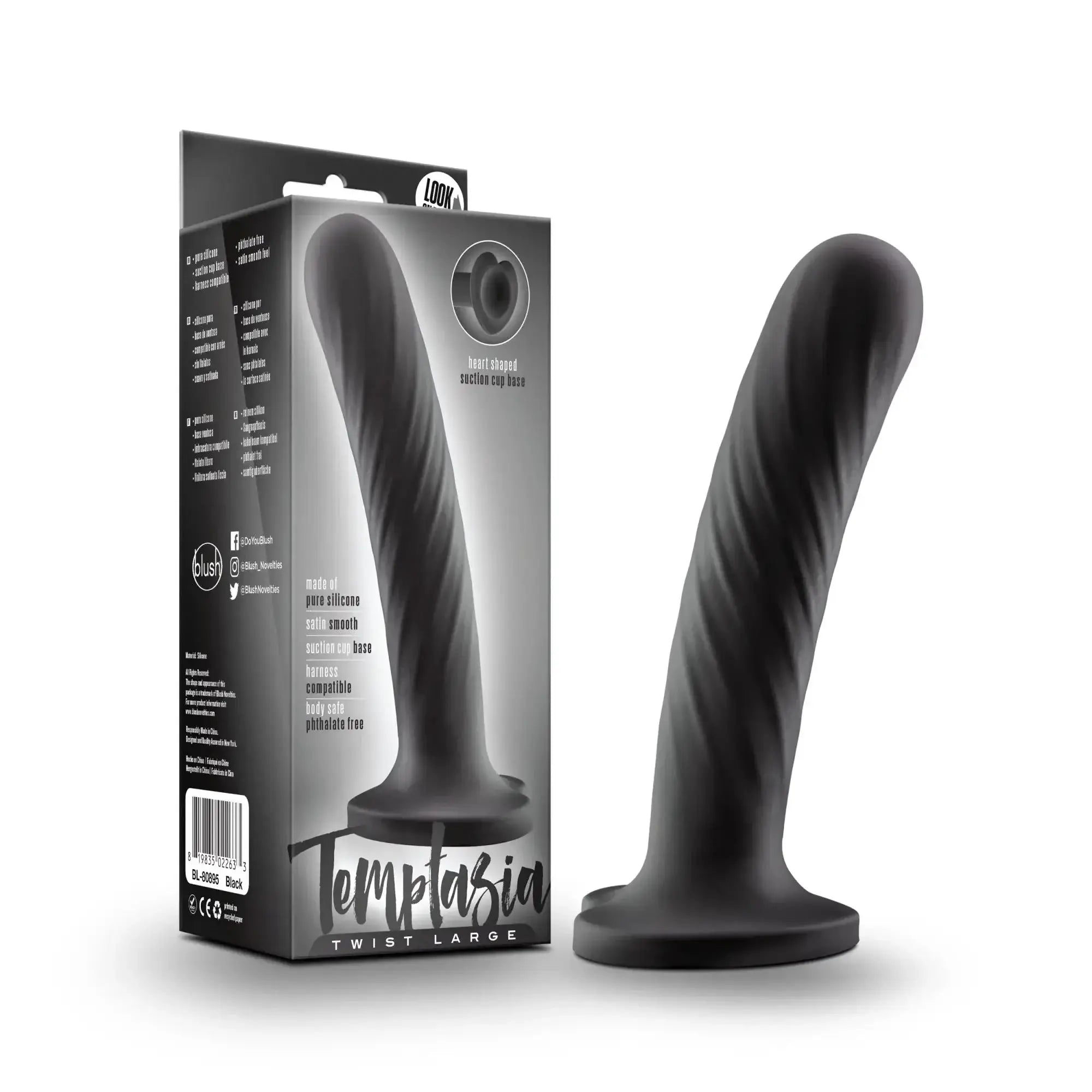 Black silicone dildo with twisted textured design labeled temptazia twist large by Look for intimate use