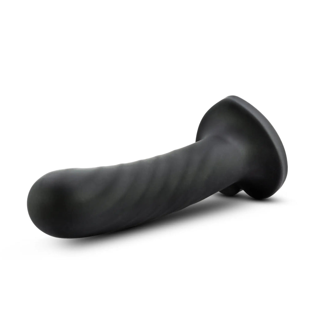 Black silicone temptasia temptasia twist large anal plug with textured ribbed surface and flared base