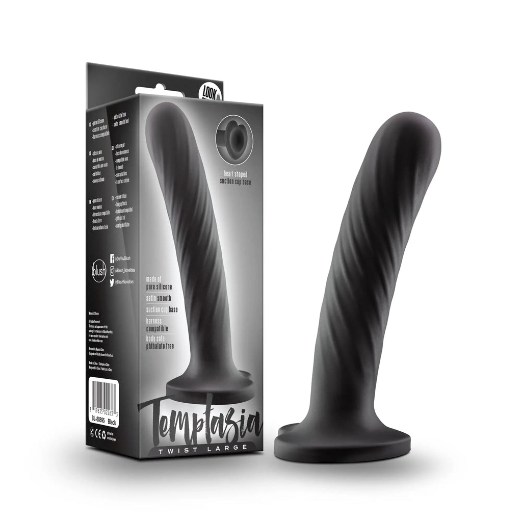 Black silicone dildo with twisted textured design labeled temptazia twist large by Look for intimate use