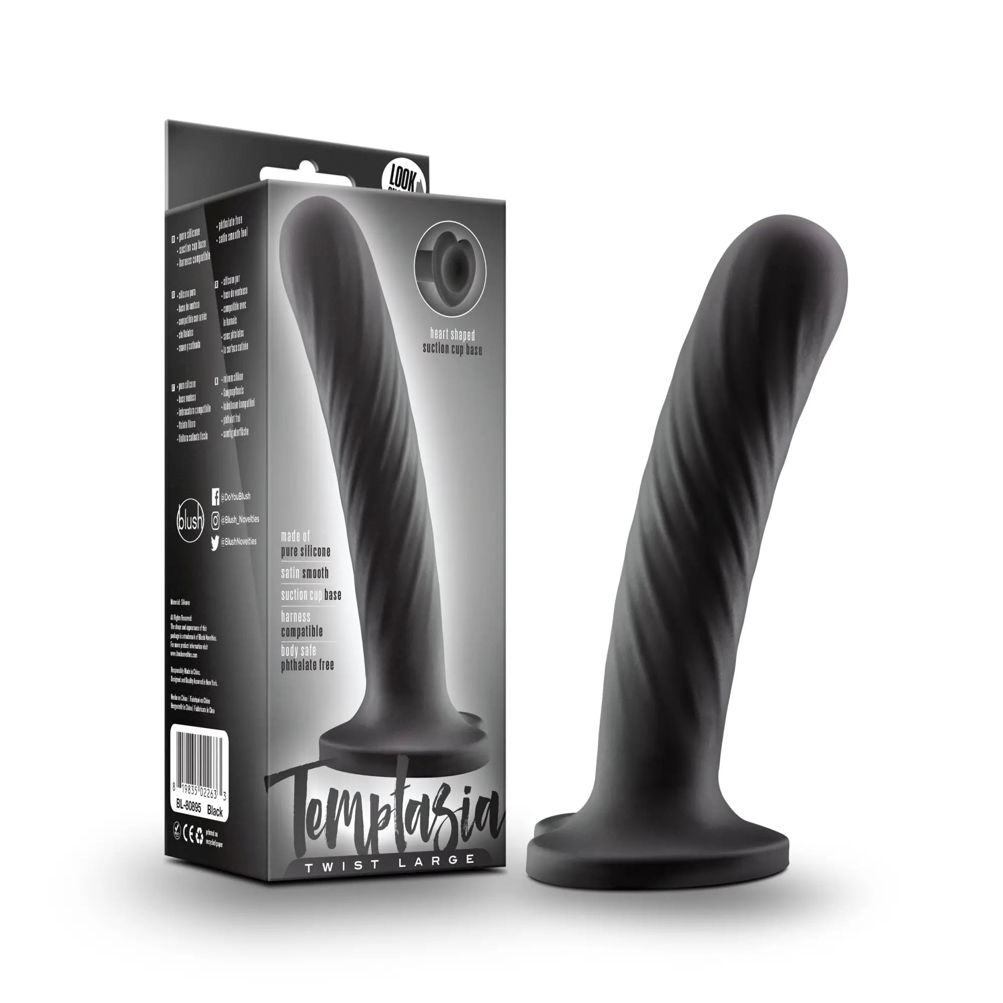 Black silicone dildo with twisted textured design labeled temptazia twist large by Look for intimate use